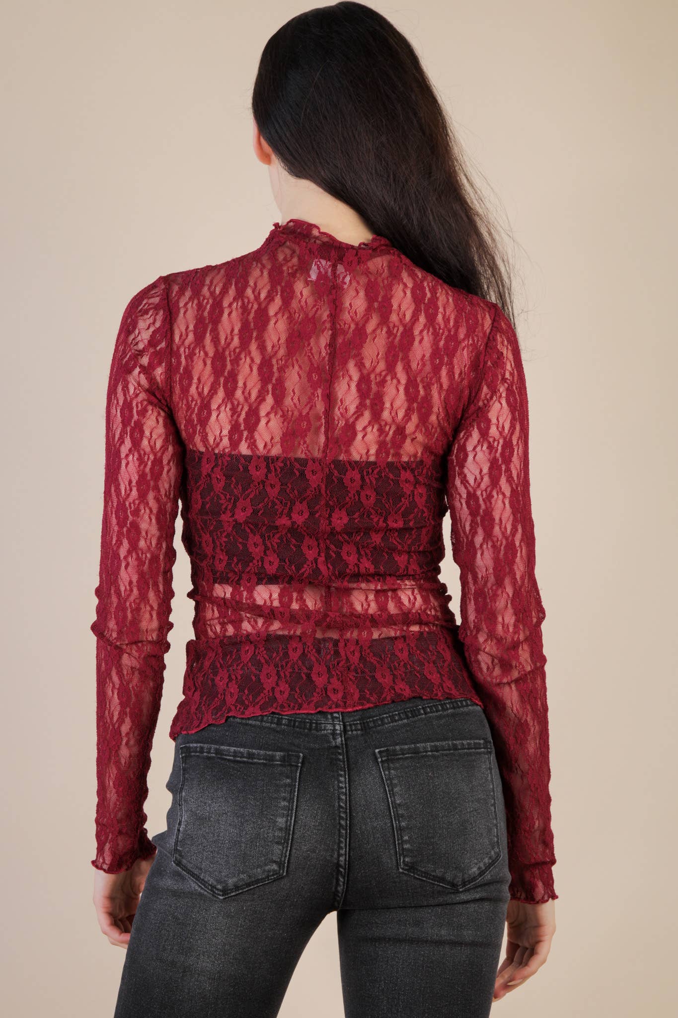NT12220-High Neck Fitted Sheer Mesh Lace Knit Top