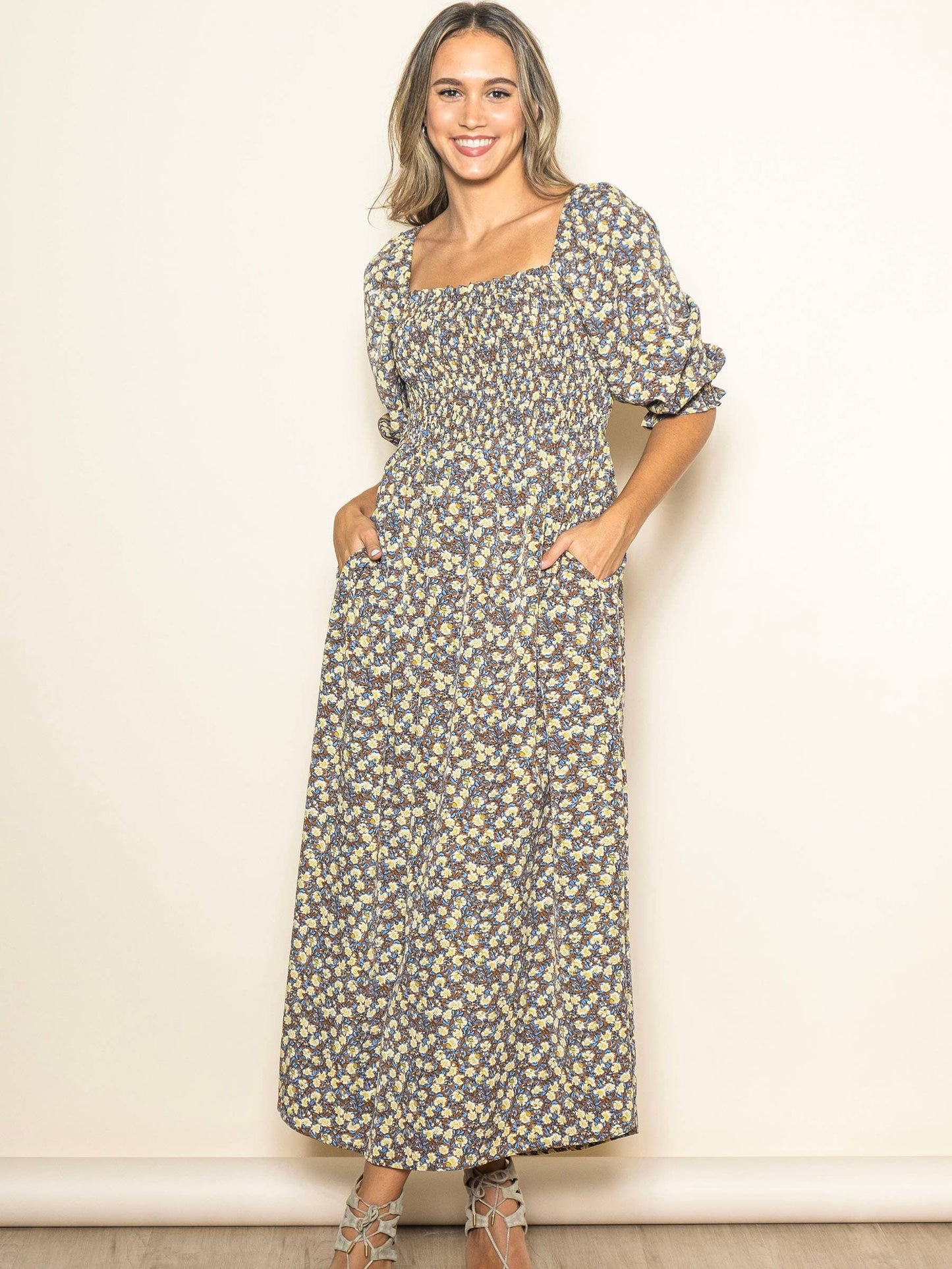 Floral Print Ruffle Detail Smocked Maxi Dress with Pockets