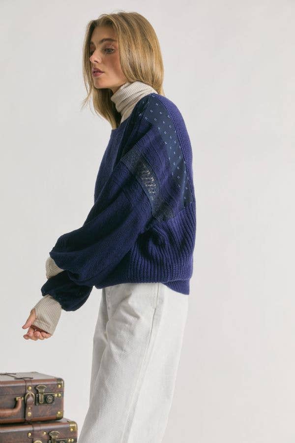 PLUS LACE DETAIL SLEEVE COLOR BLOCK MIXED FABRIC SWEATER PULL OVER TOP