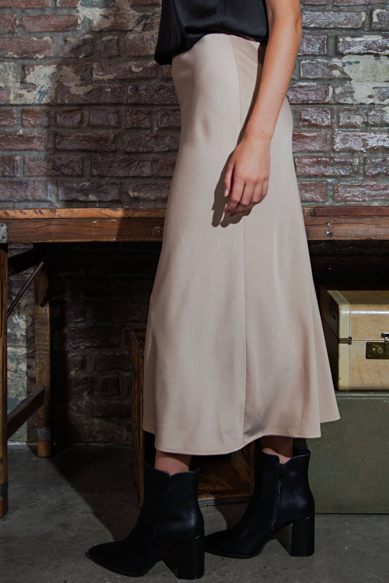 Stretch Satin Midi Skirt