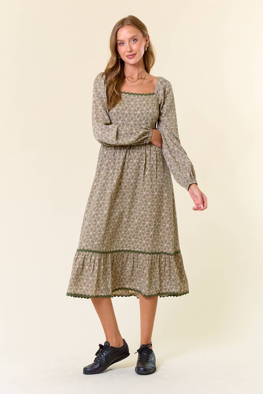 Floral Square Neck Lace Tiered Midi Dress - 27847D