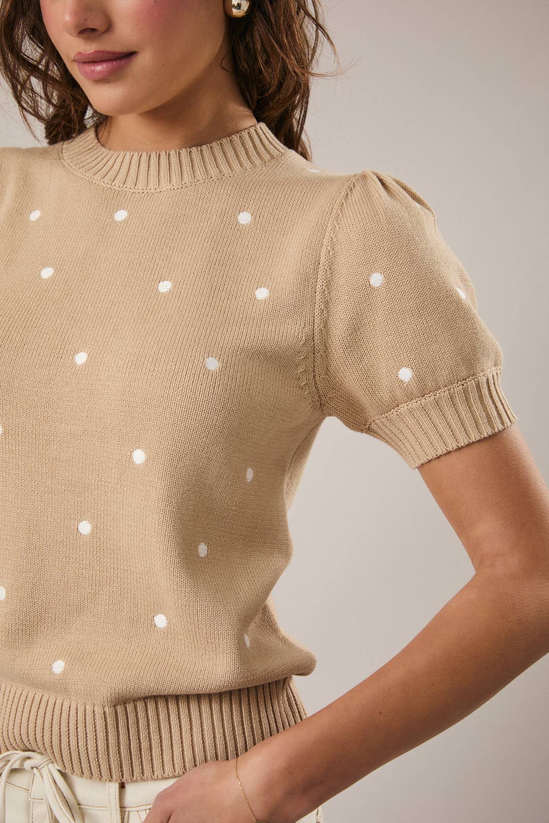 Sunday Edition - ROUND NECK PUFF SHORT SLEEVE "POLKA DOT" EMBROIDERED SWEATER