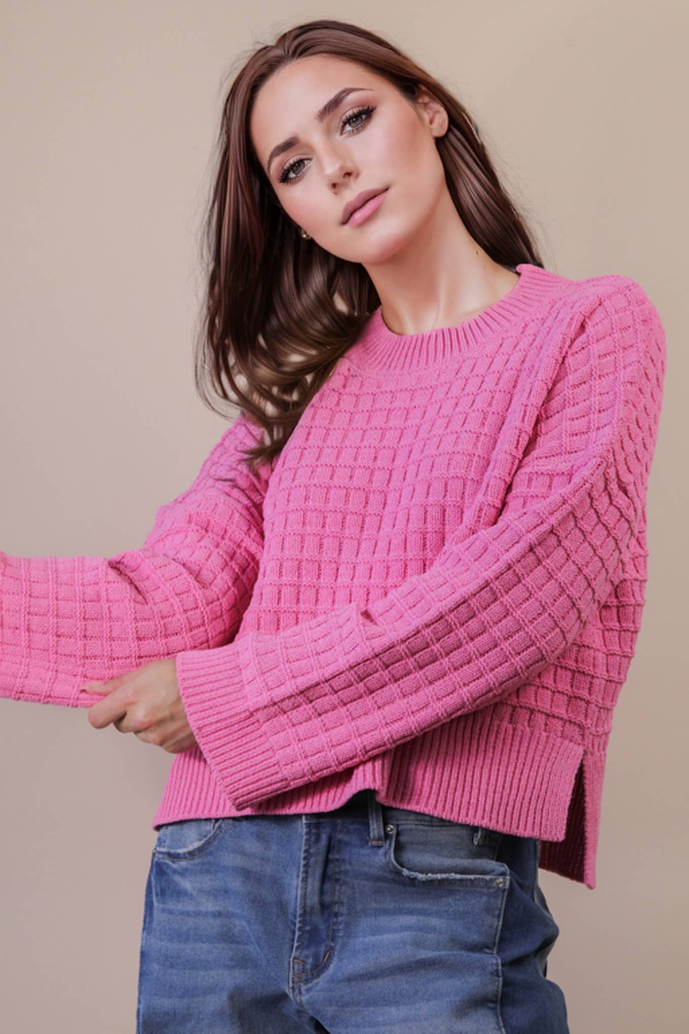 12W3518N-Oversized Textured Solid Casual Knit Sweater Top