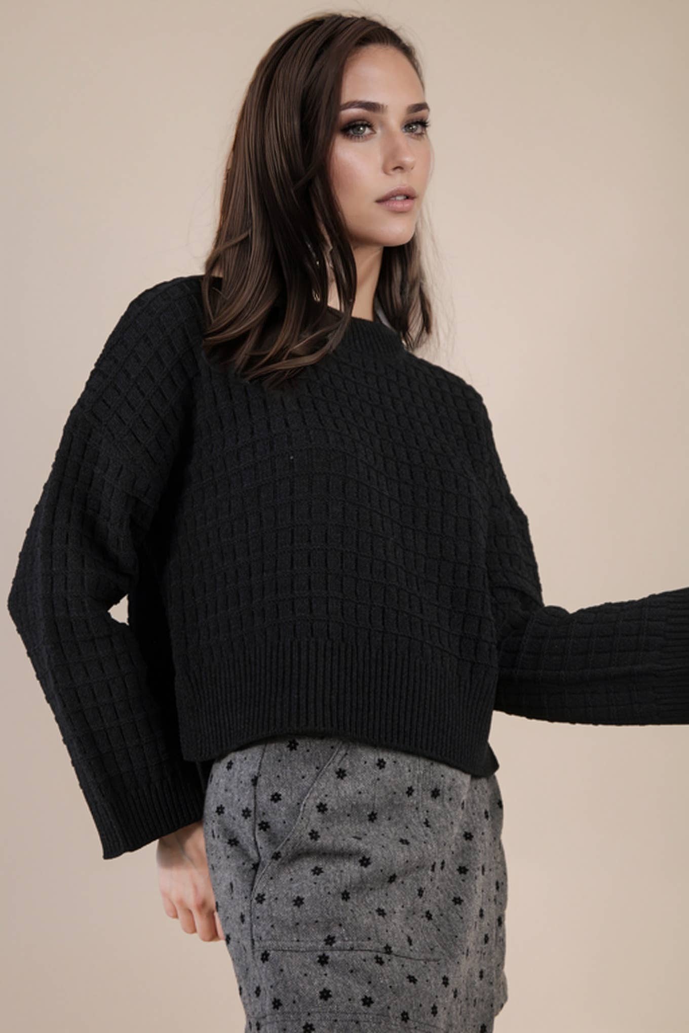 12W3518N-Oversized Textured Solid Casual Knit Sweater Top