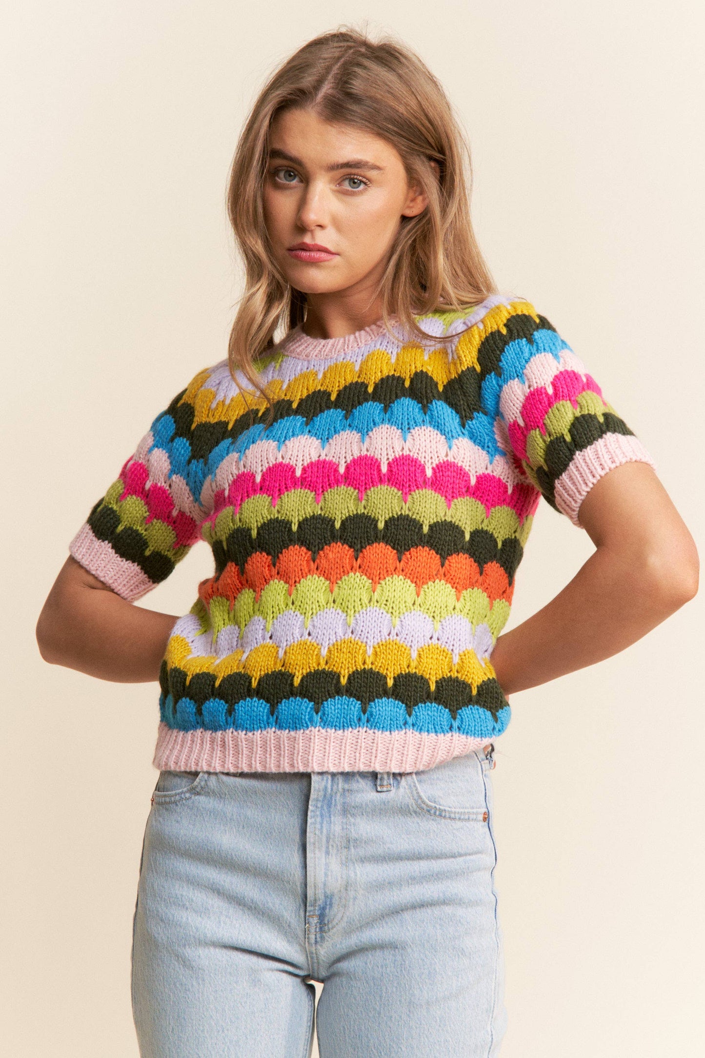 J.NNA - Multicolor Fish Scales Pattern Knit Sweater Top