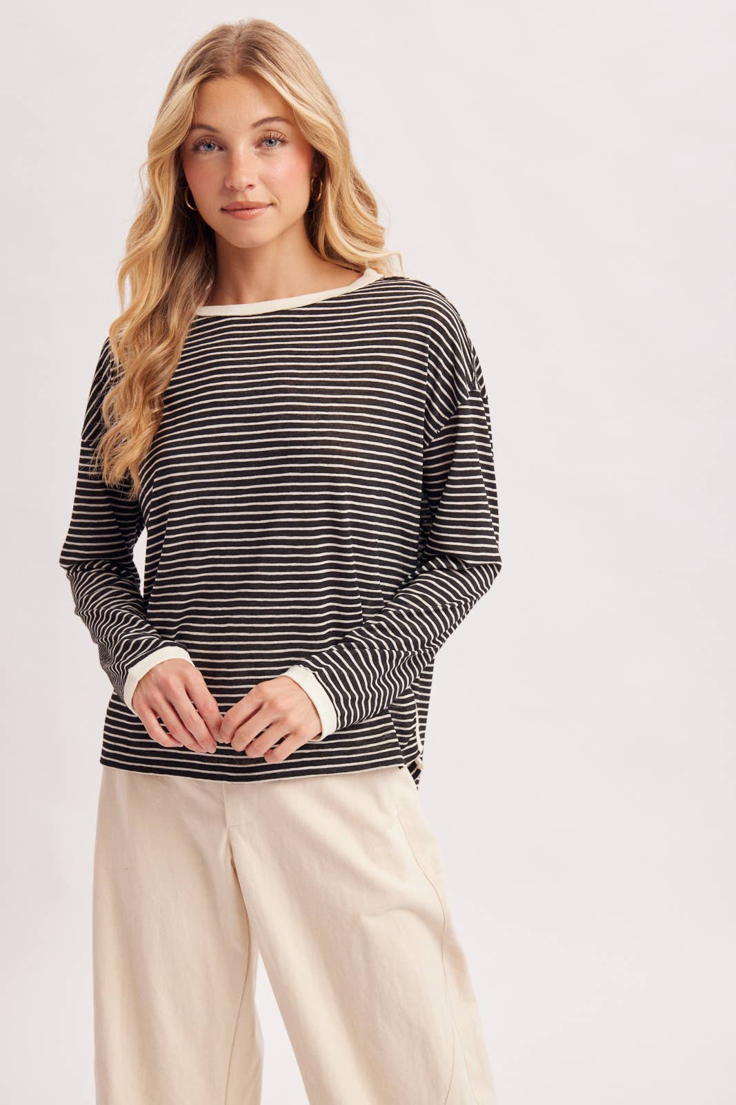 OVERSIZED BOXY STRIPED KNIT LONG SLEEVE TOP