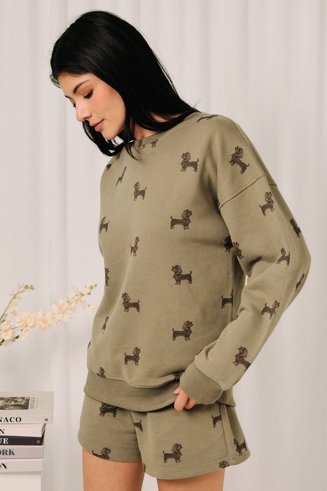 ROUND NECK LONG SLEEVE WEENIE ALL OVER PRINT SWEATSHIRT