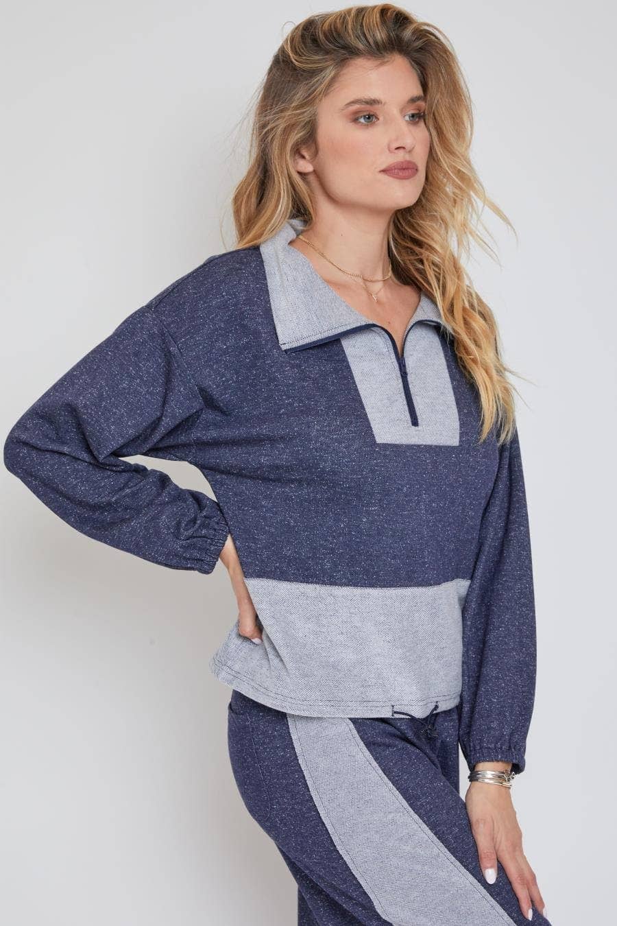 Half Zip Pull Over Sweater with Drawstring Waist-WJ1089RT