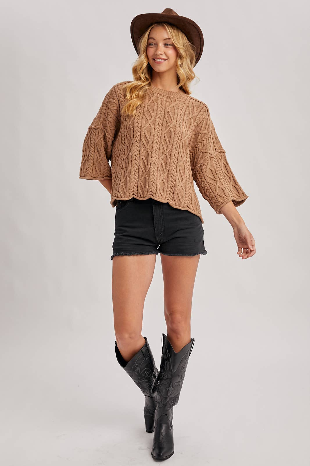 OVERSIZED BELL SLEEVE CABLE KNIT SWEATER