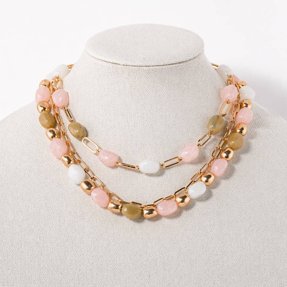What's Hot - White, Pink, and Natural Stone with Gold Chain Layered 16"-18"Necklace