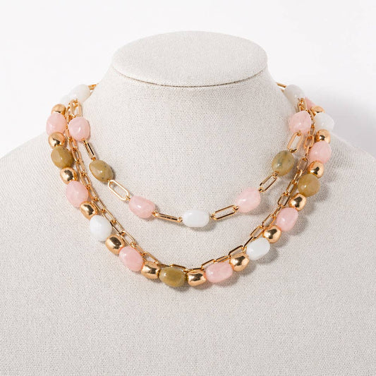 What's Hot - White, Pink, and Natural Stone with Gold Chain Layered 16"-18"Necklace
