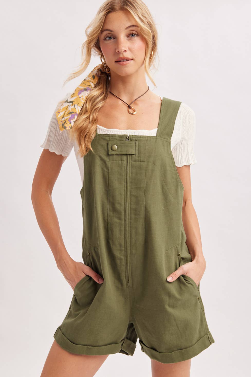 ZIPPER FRONT SNAP BUTTON SQUARE NECK SHORTALLS