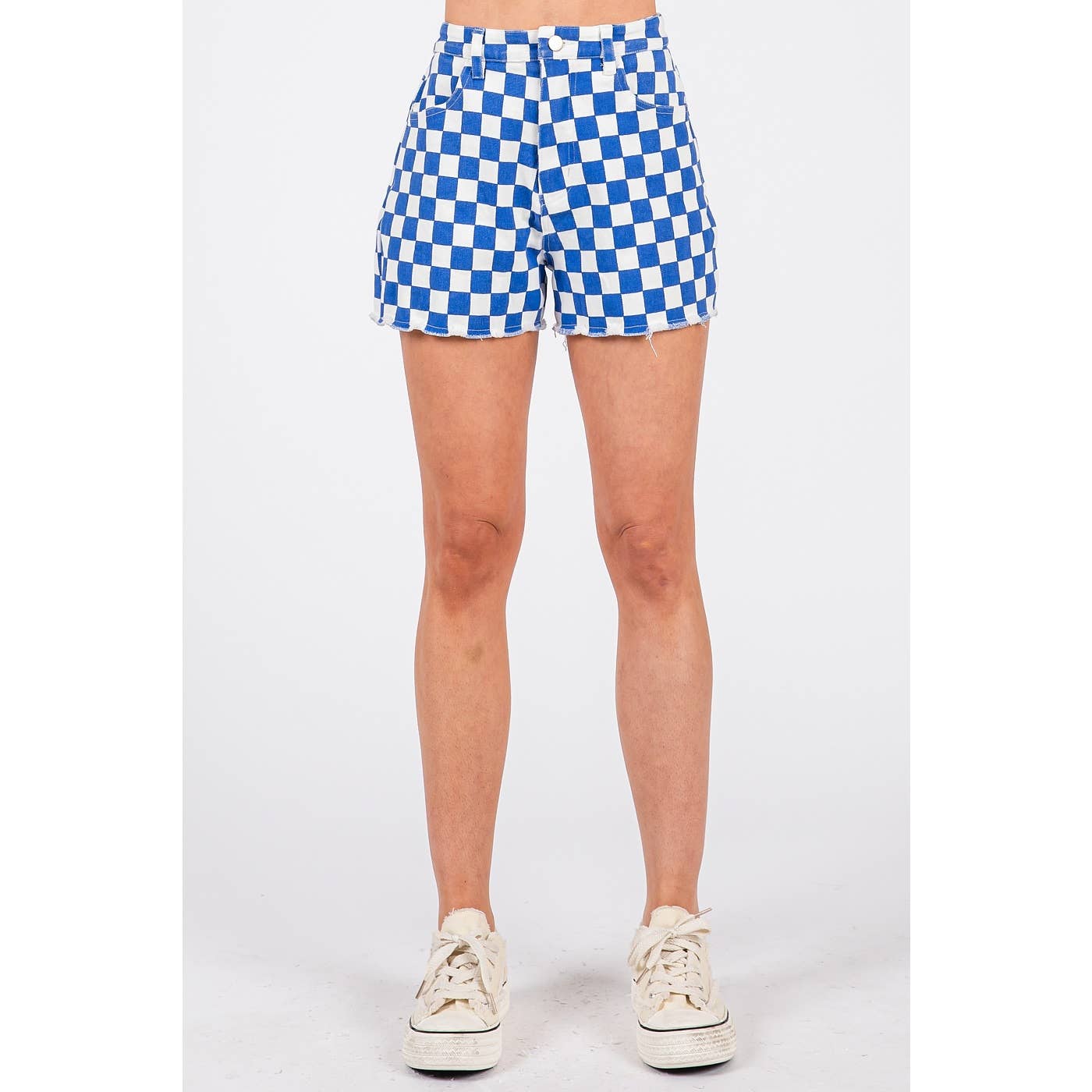 GAME DAY CHECKERED FRAYED HEM CASUAL SHORTS
