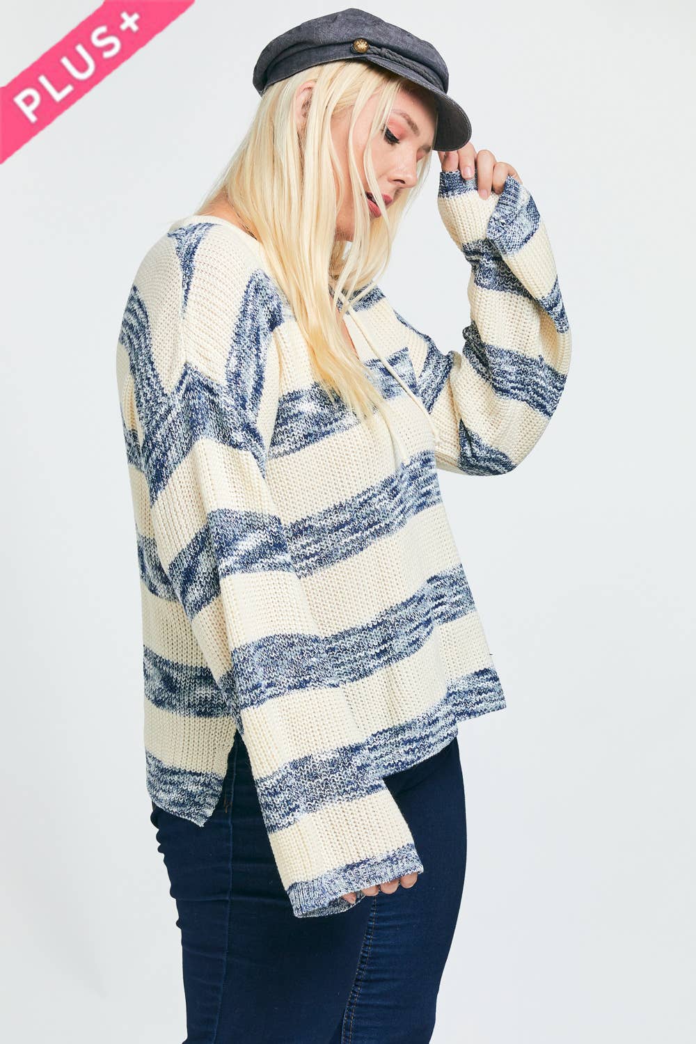 Plus Oversize Stripe Knit Bell Sleeve Sweater