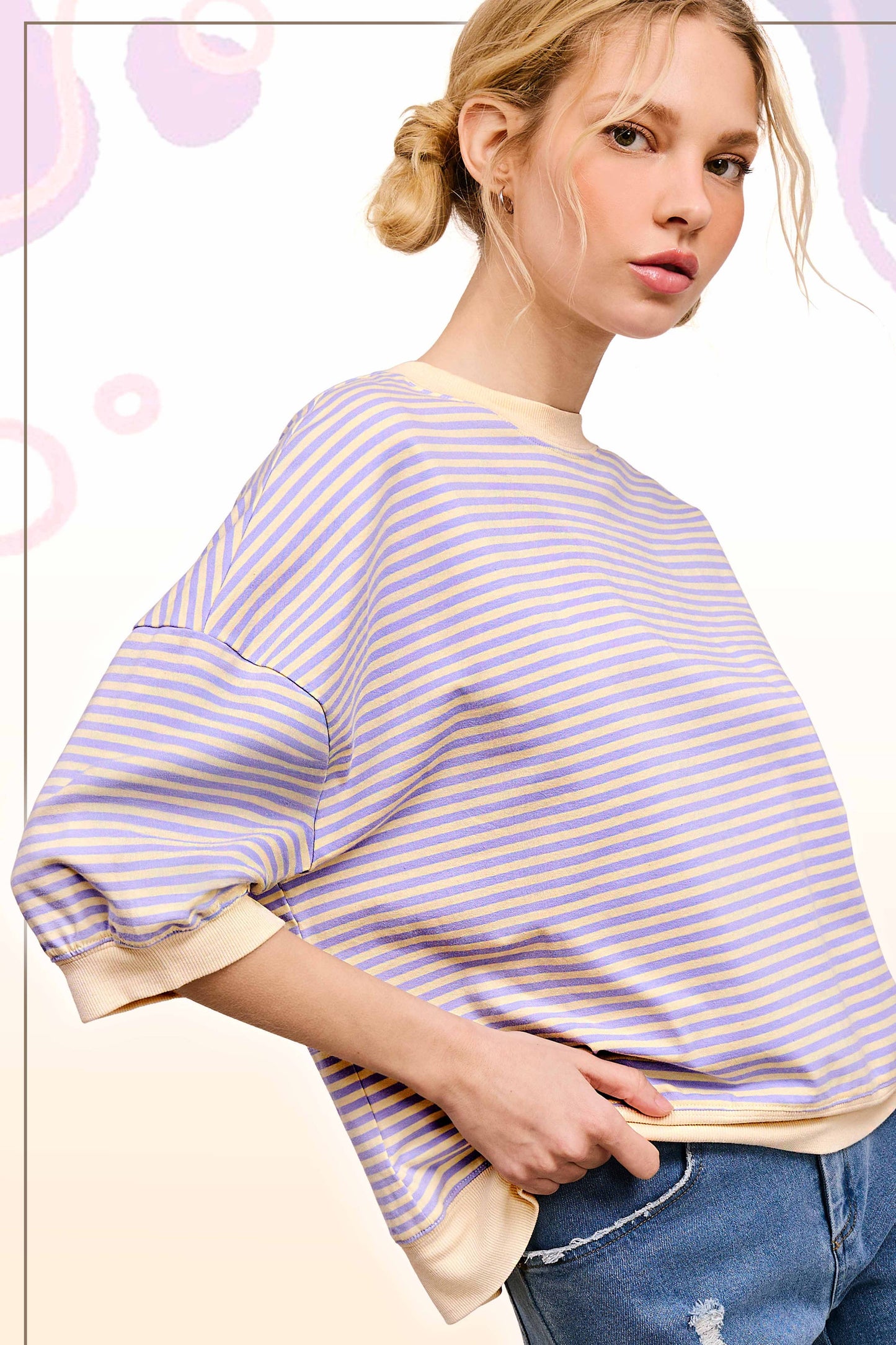 MCT7688-Loose Fit Striped Short Sleeve Crew Neckline Top