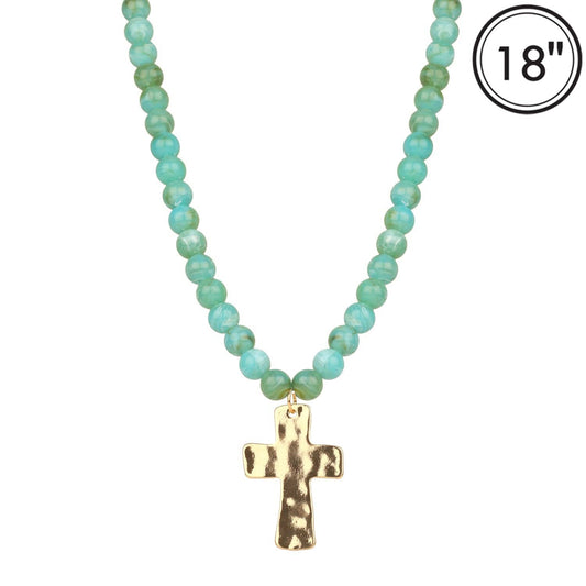 Turquoise Beaded with Hammered Gold Cross 16"-18" Necklace