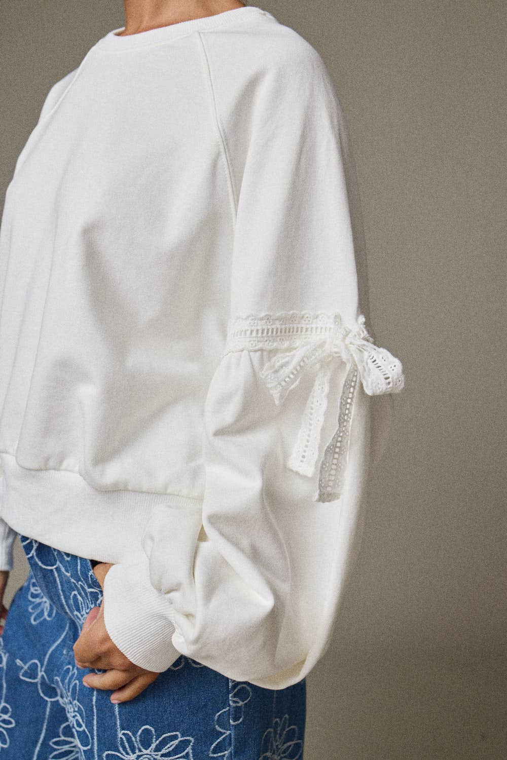 PT18996 - Bow Sleeve Sweatshirt- Lace Trim Detail
