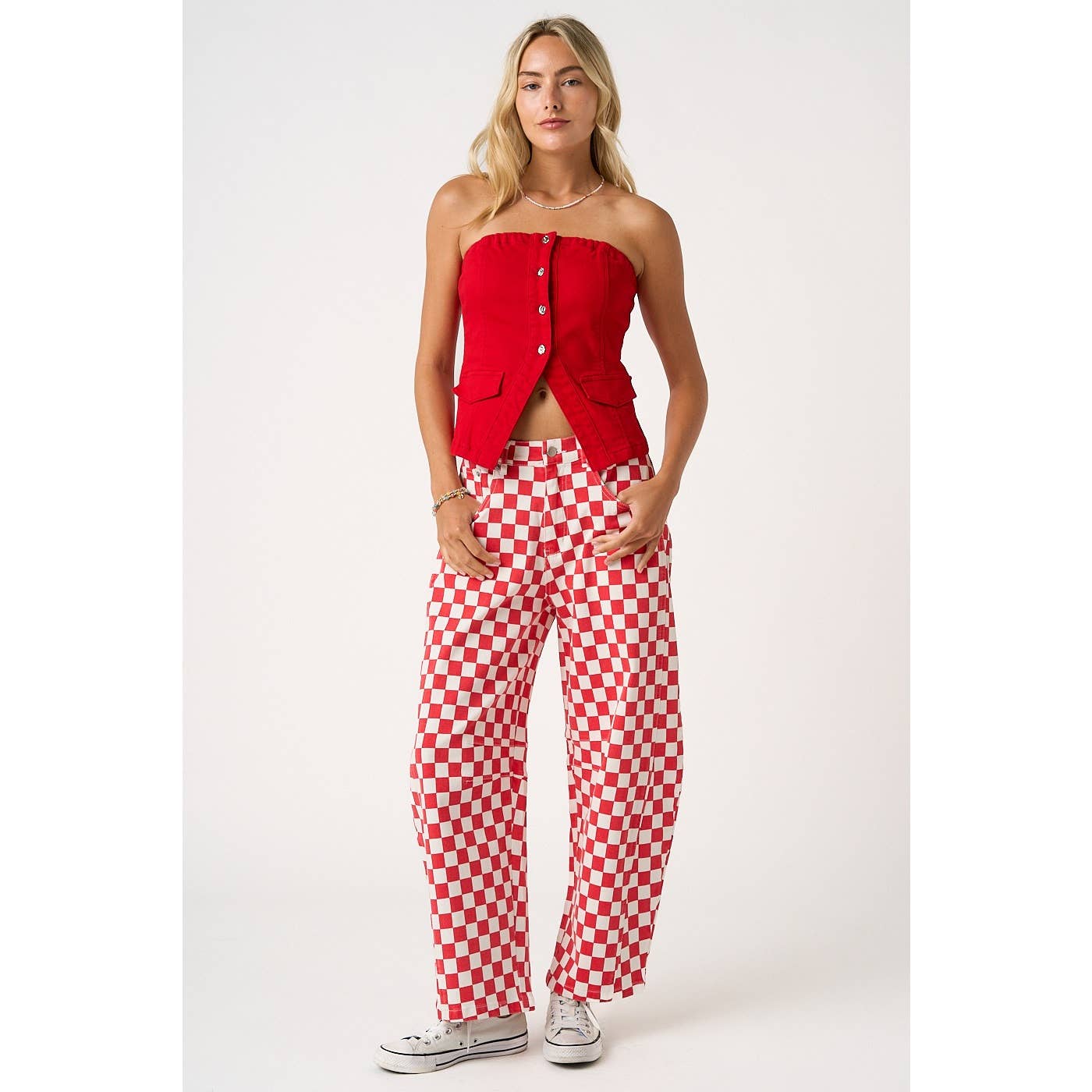 mittoshop - GAME DAY CHECKERED ELASTIC WAIST BARREL PANTS