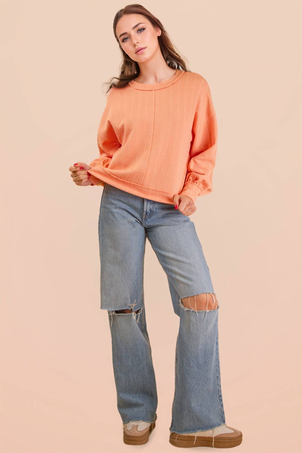 VERY J - NT12413-Raw Edge Detail Oversized Textured Knit Top