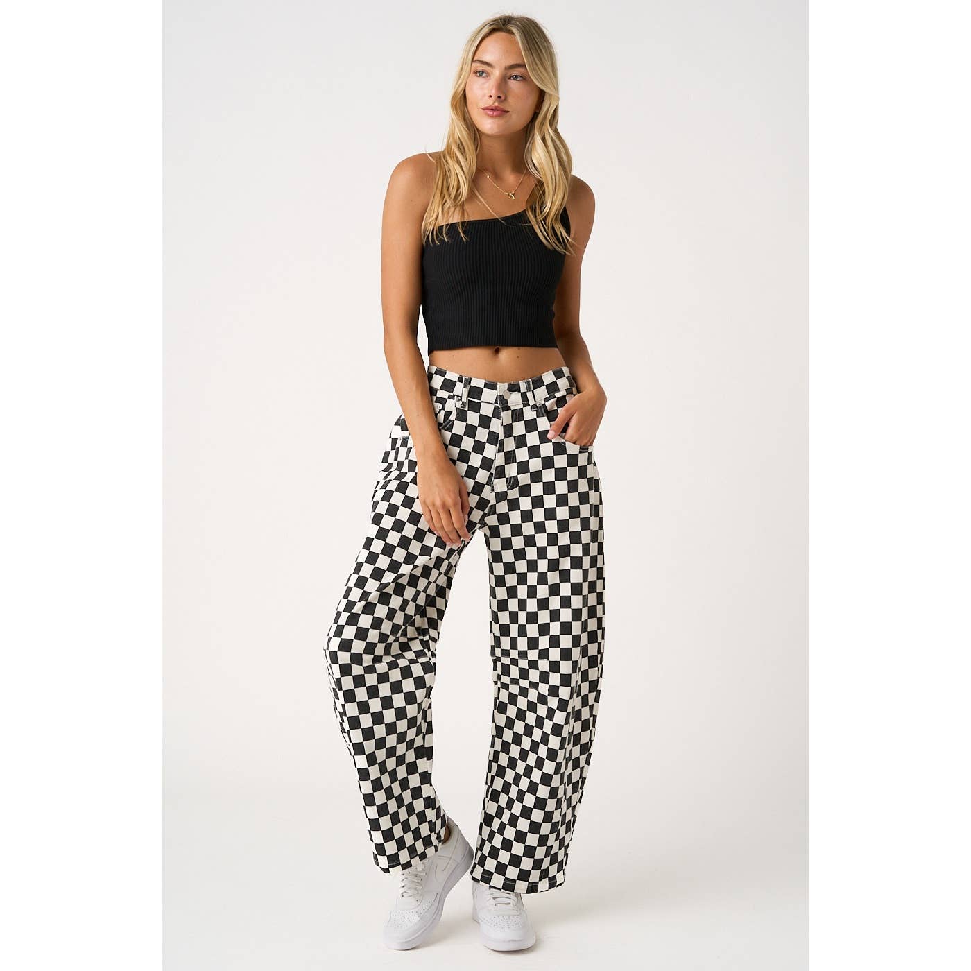mittoshop - GAME DAY CHECKERED ELASTIC WAIST BARREL PANTS