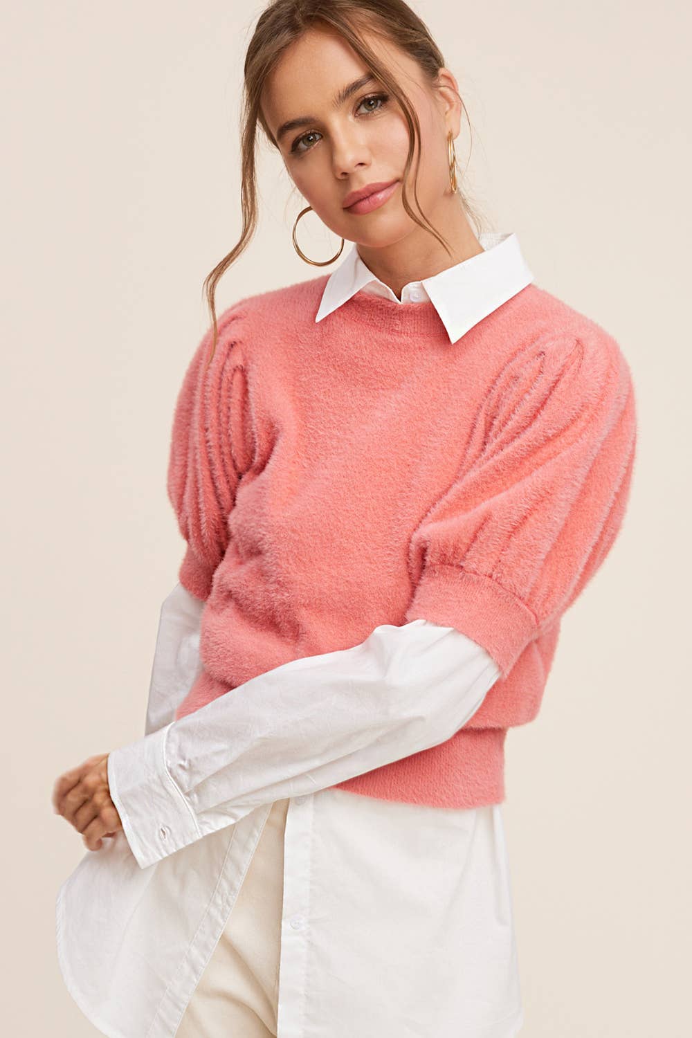JCS3554-Soft Mohair Puff Short Sleeve Knit Top