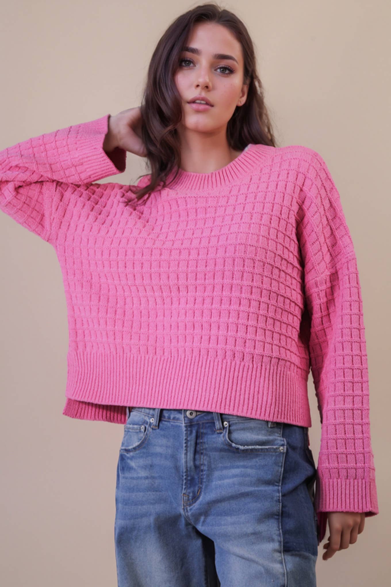 12W3518N-Oversized Textured Solid Casual Knit Sweater Top