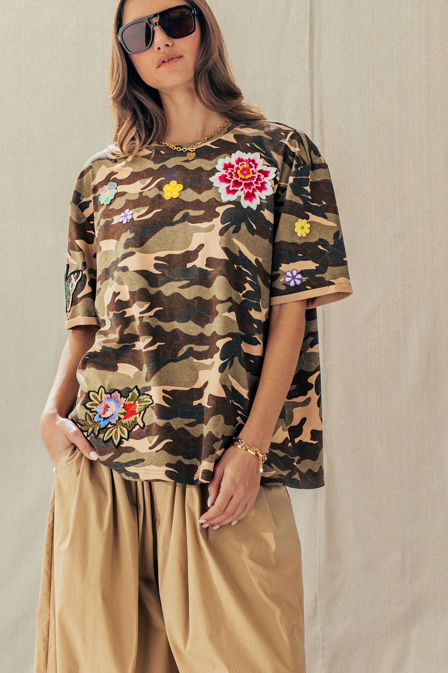Camo Floral Patch Oversized Cotton Tee