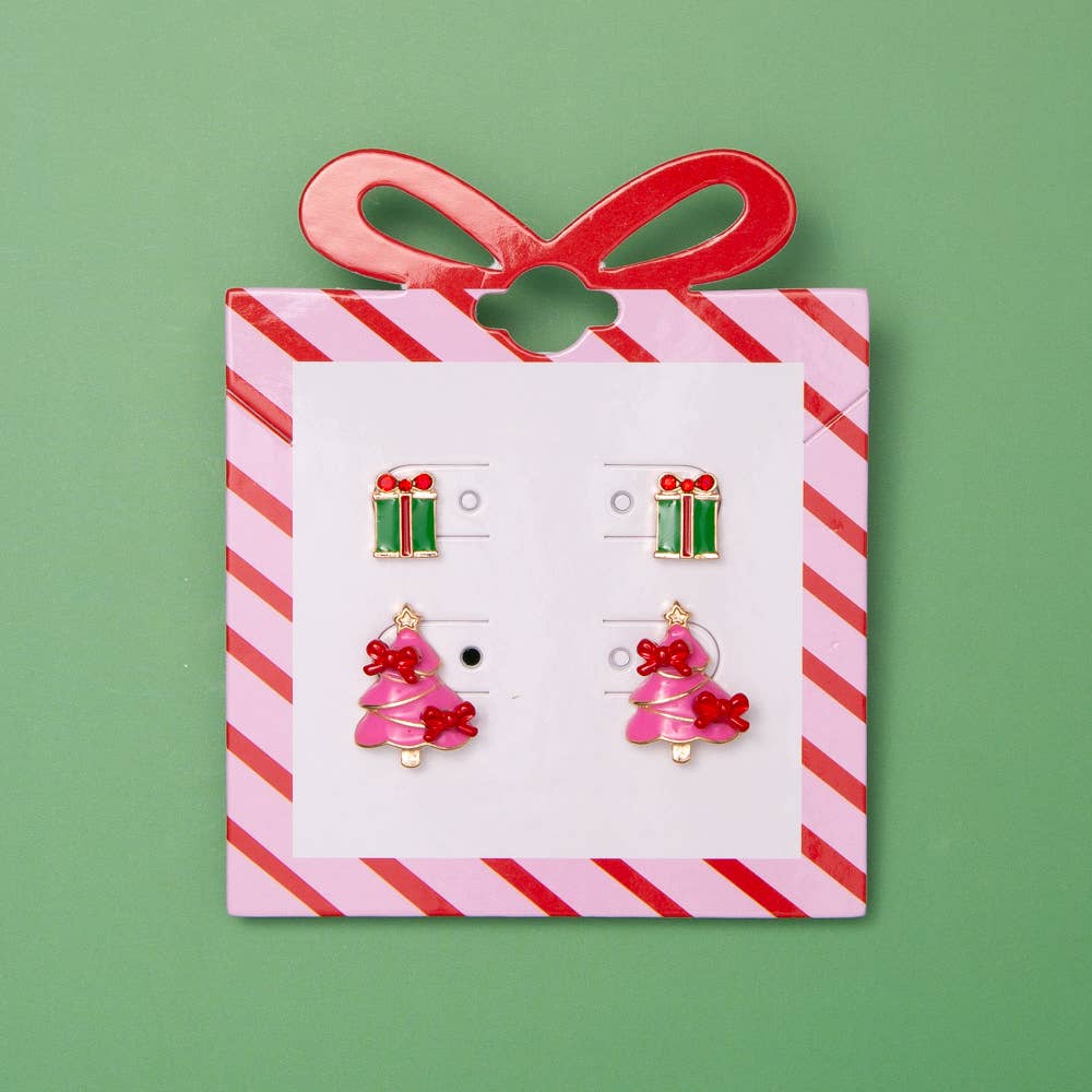 SP Sophia Collection - Christmas Tree and Present Enamel Post Earring Set