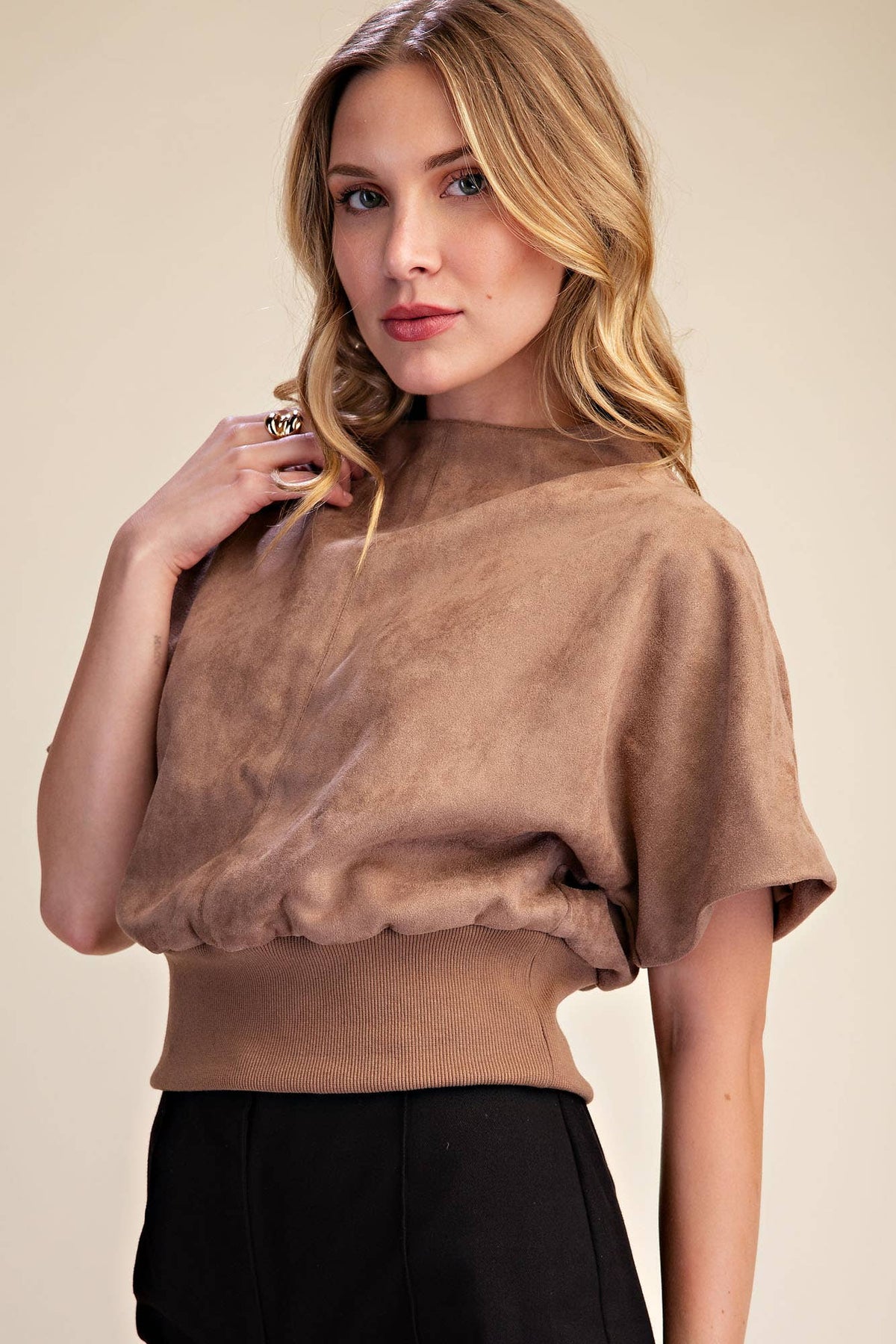 Glam - Mock Neck Suede Look Brush Top