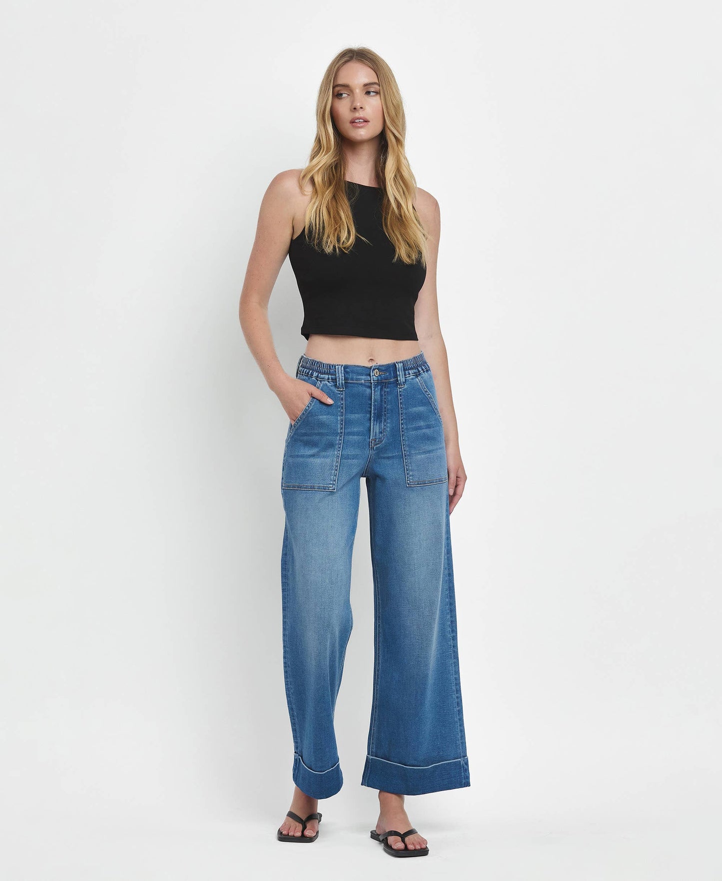 HIGH RISE DOUBLE CUFFED BAGGY WIDE JEANS V3589