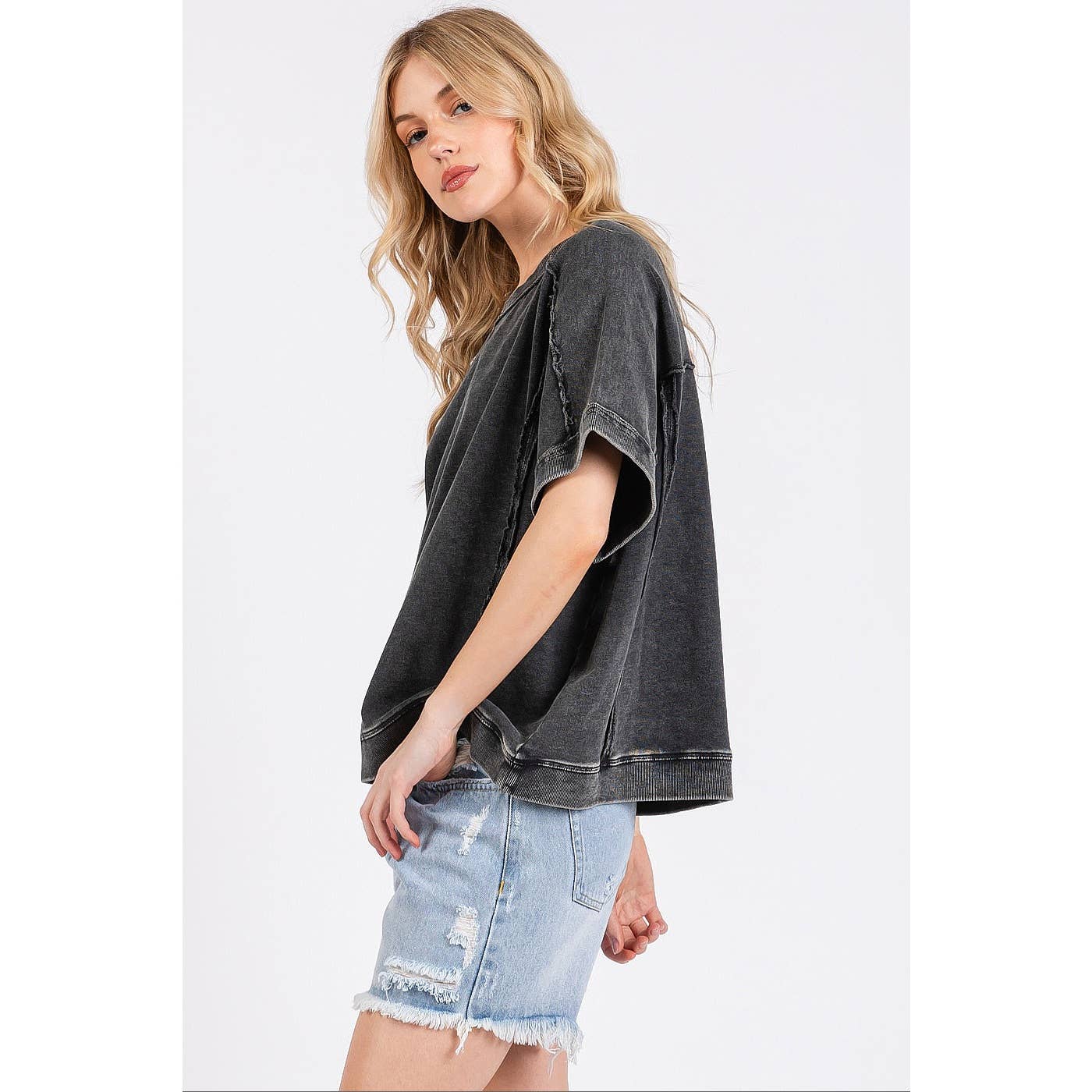 MINERAL WASH FRENCH TERRY CREW NECK CASUAL TOP