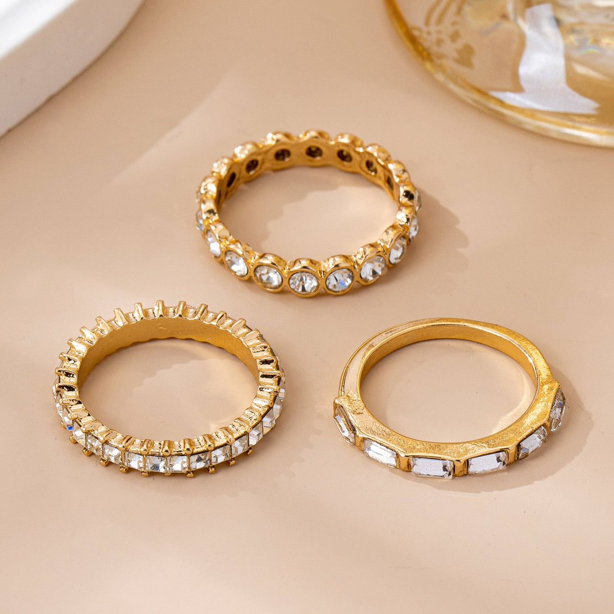 JOSSLYN by wall to wall - Gold-Tone Triple Crystal Stacking Ring Set | 80R176