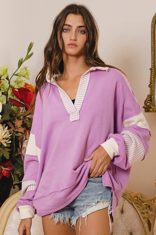T2004 French Terry Knit Color-block Collared Loose Fit Top