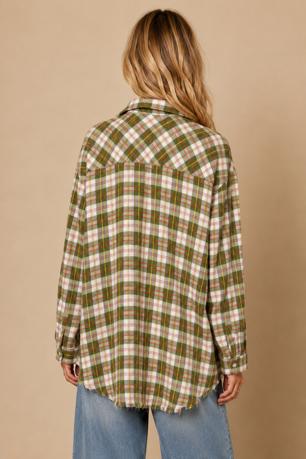 J.NNA - Frayed Hem Plaid Oversized Flannel Button-Down Shirt
