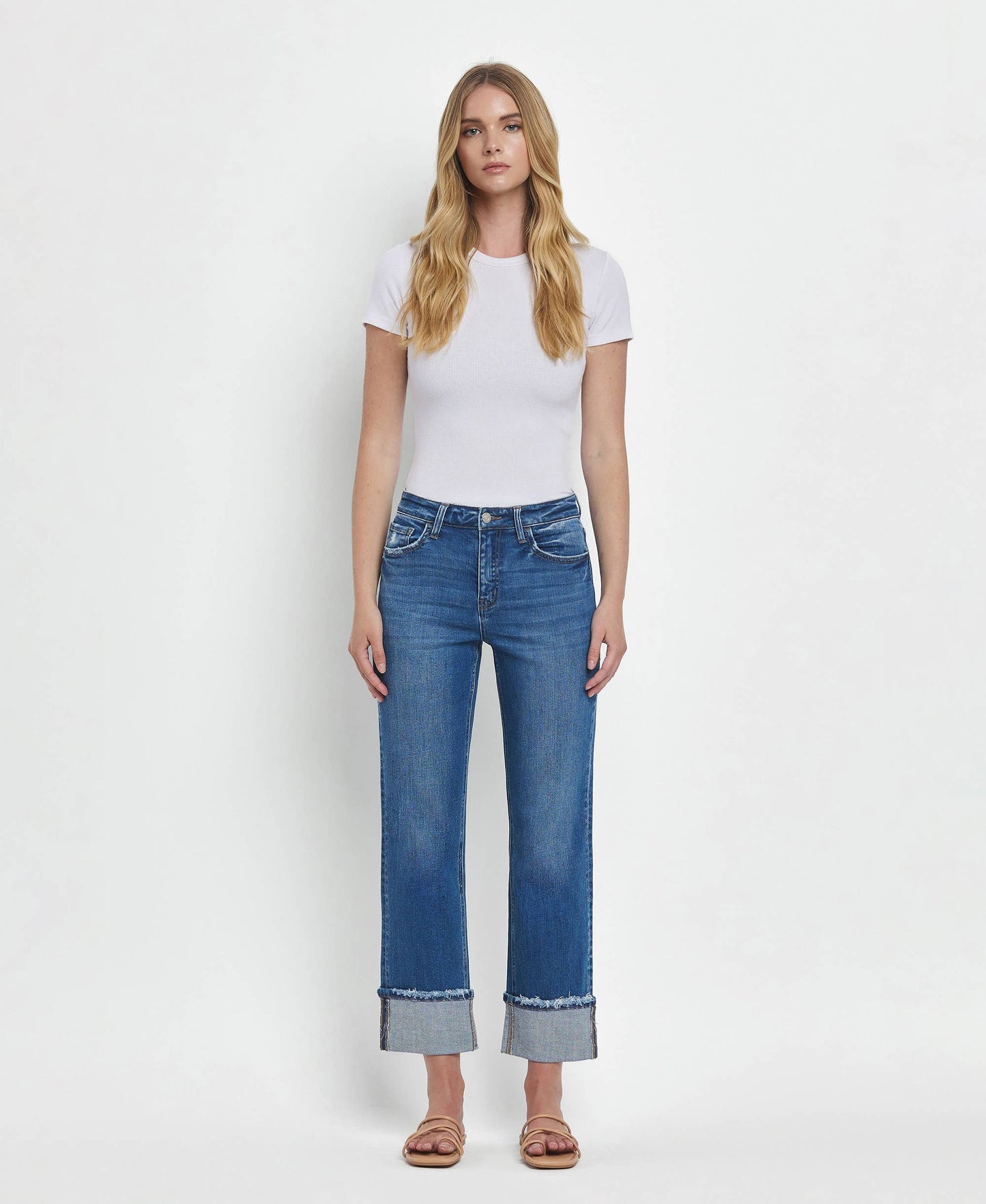 HIGH RISE CUFFED STRAIGHT JEANS T6600