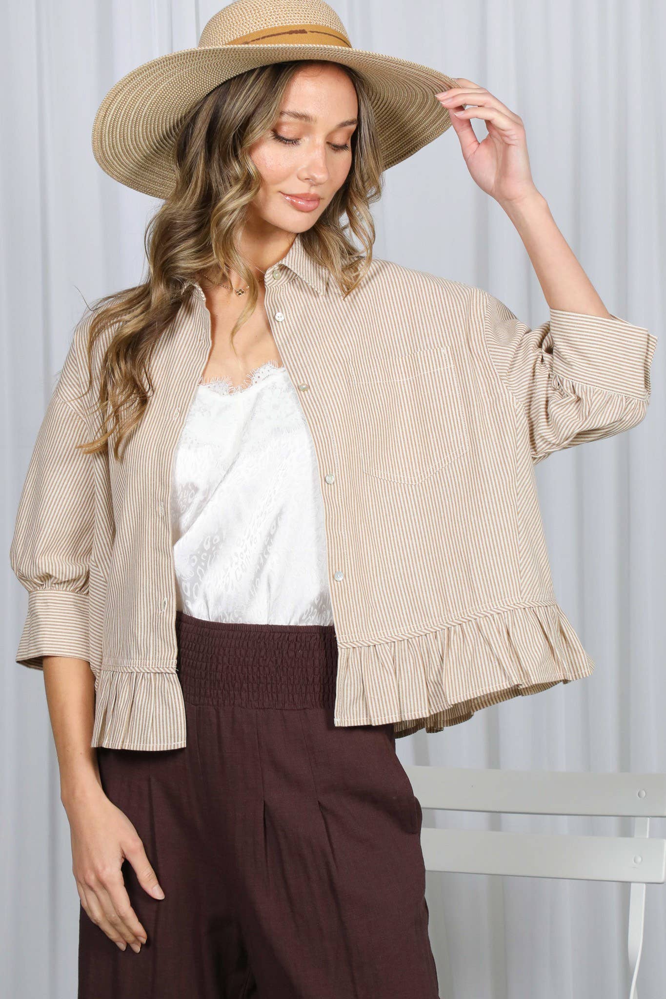 Pocket Detail Ruffle Hem 100%Cotton Striped Shirt VT82772A