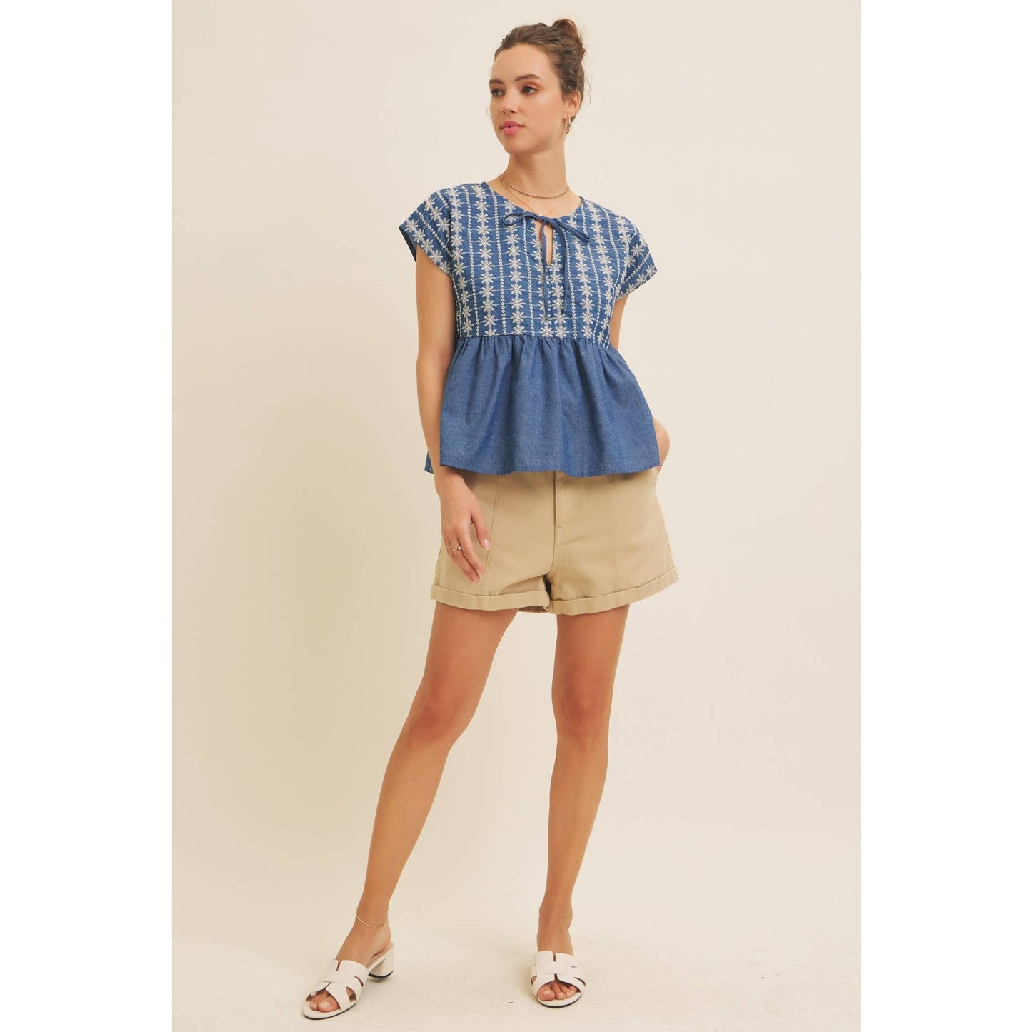 EMBROIDERY BABYDOLL DENIM BLOUSE TOP WITH ROUND SPLIT NECK