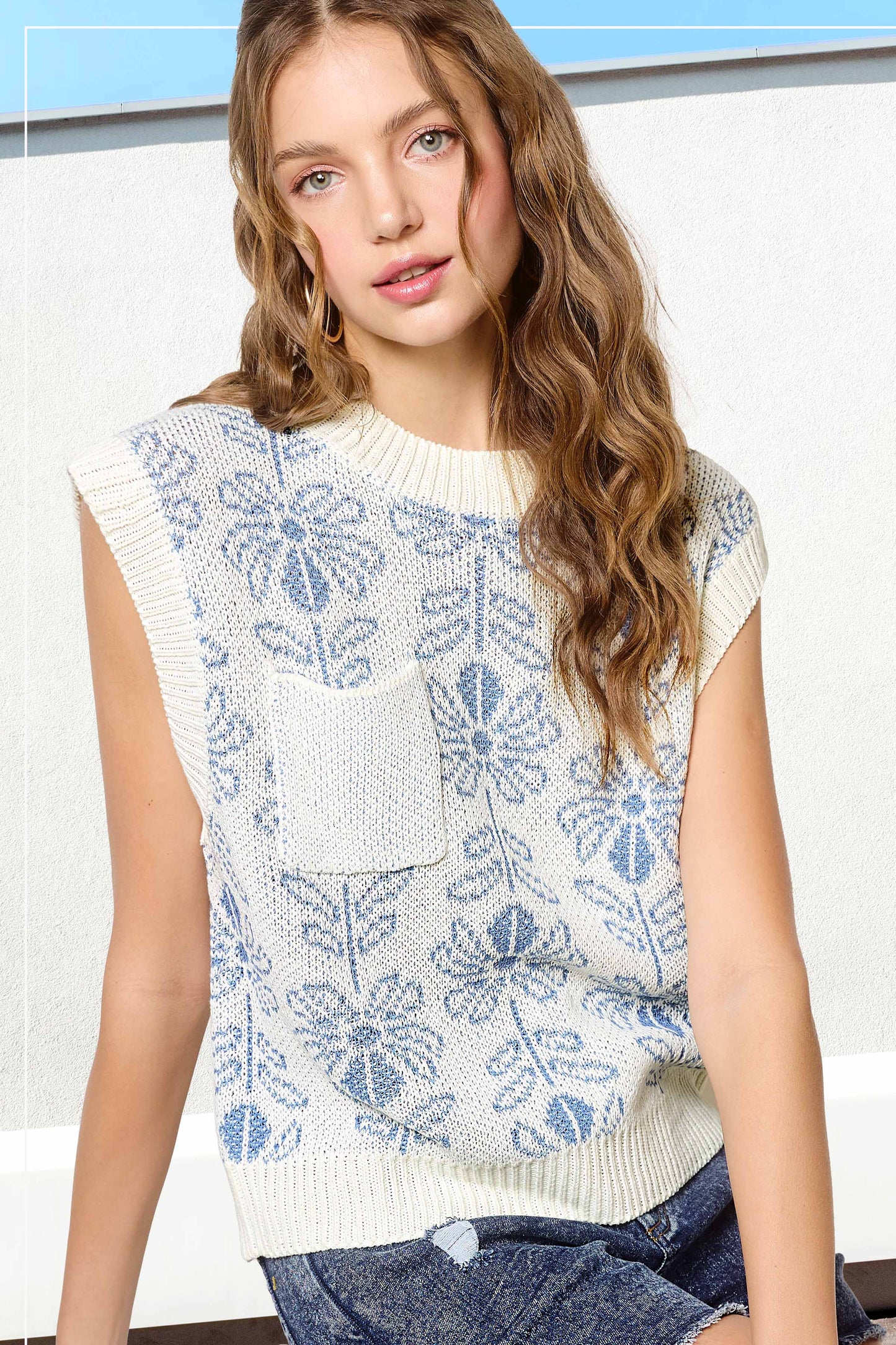 MCS3587-Floral Pattern Sleeveless Sweater Vest Top