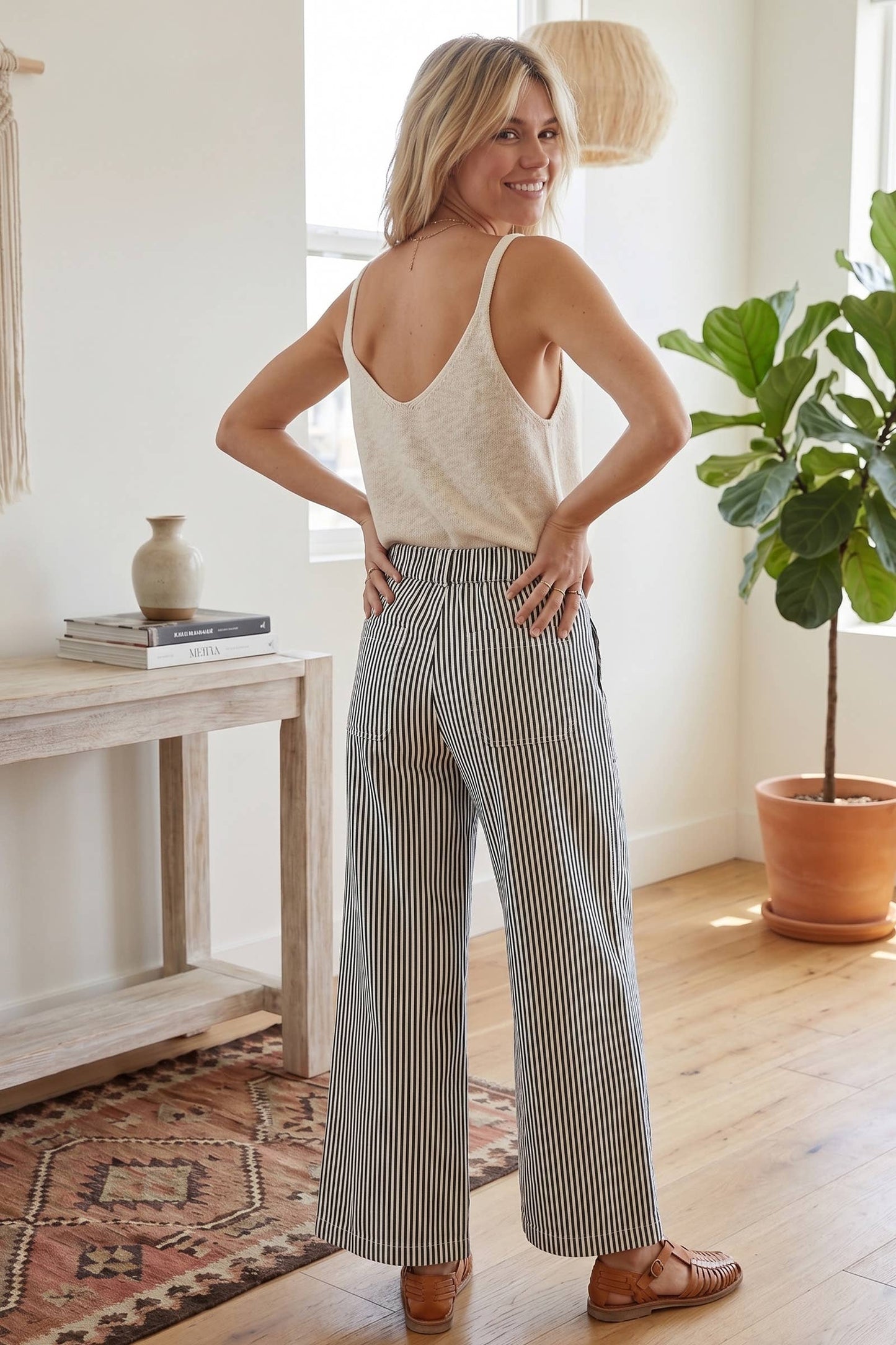 Striped Non Stretch Wide Leg Casual Pants