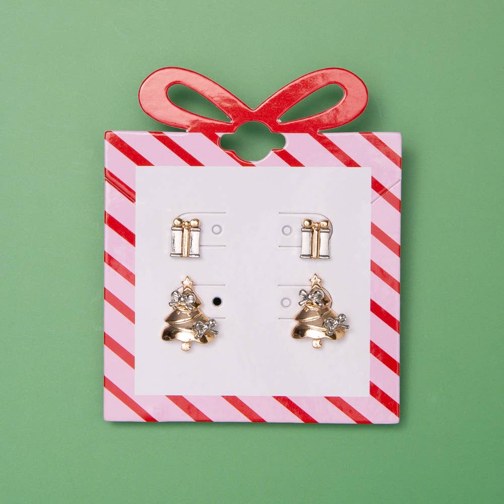 SP Sophia Collection - Christmas Tree and Present Enamel Post Earring Set