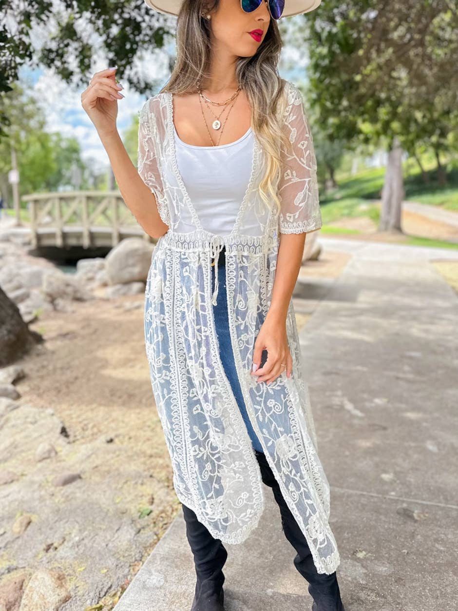 AMOLI - Ivory Boho Floral Lace Sheer Dressy Maxi Kimono Cover Up