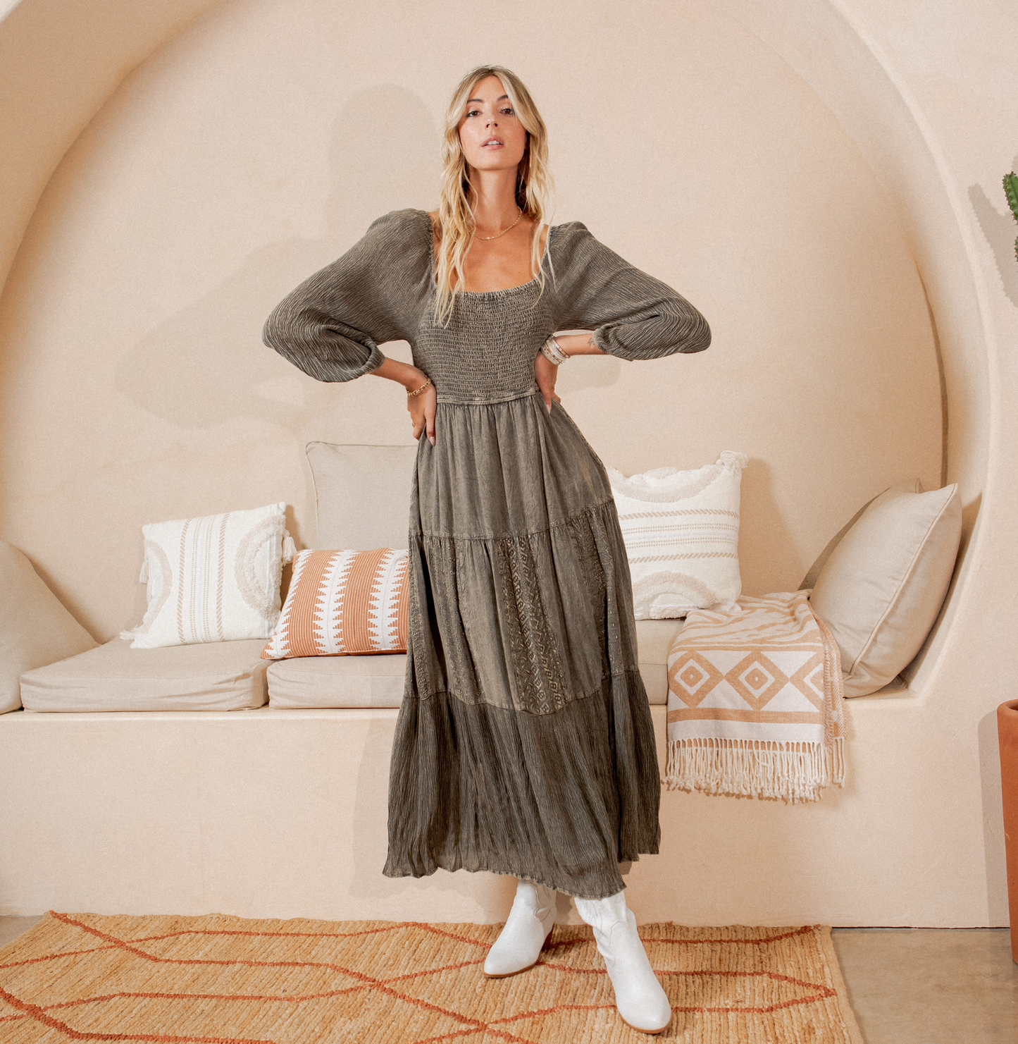 Embroidered Empire Mid-Length Dress (New Color)