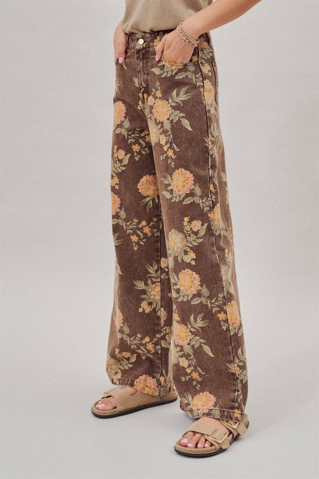 Urban Daizy - Vintage Botanical High-Rise Wide Leg Denim