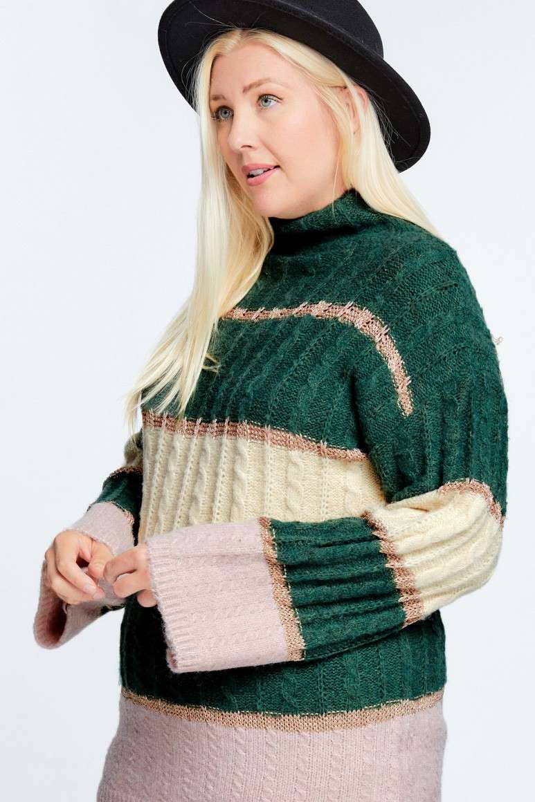 PLUS COLOR BLOCK MOCK NECK LONG SLEEVE SWEATER
