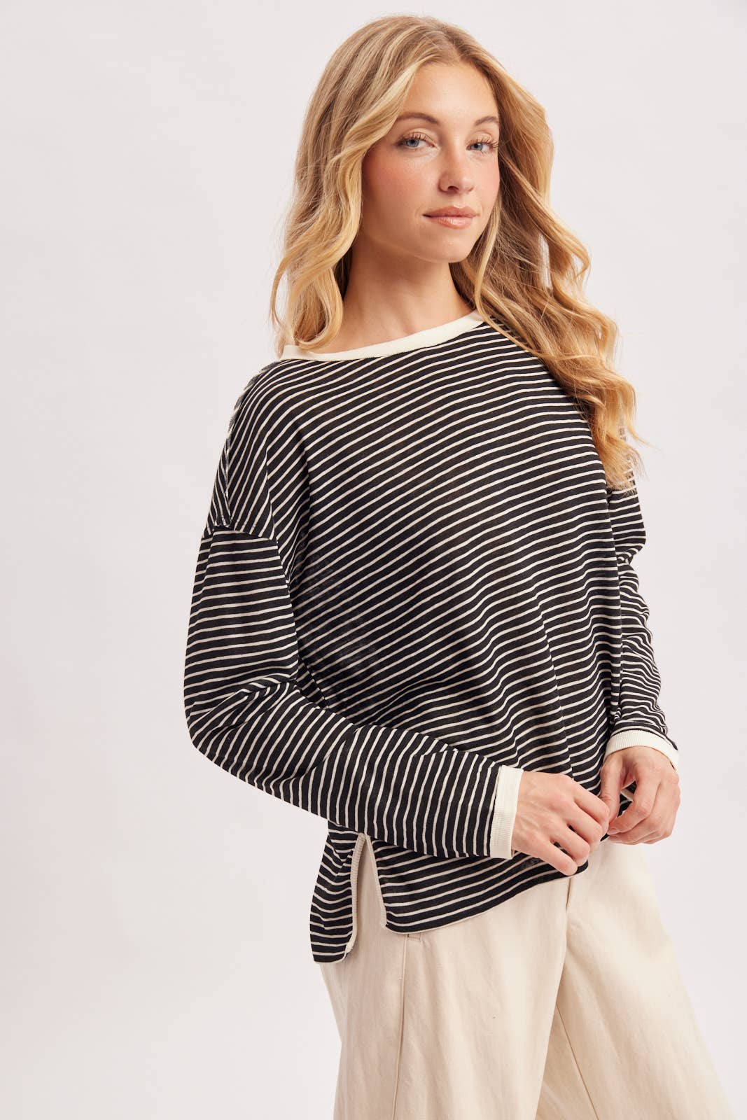 OVERSIZED BOXY STRIPED KNIT LONG SLEEVE TOP