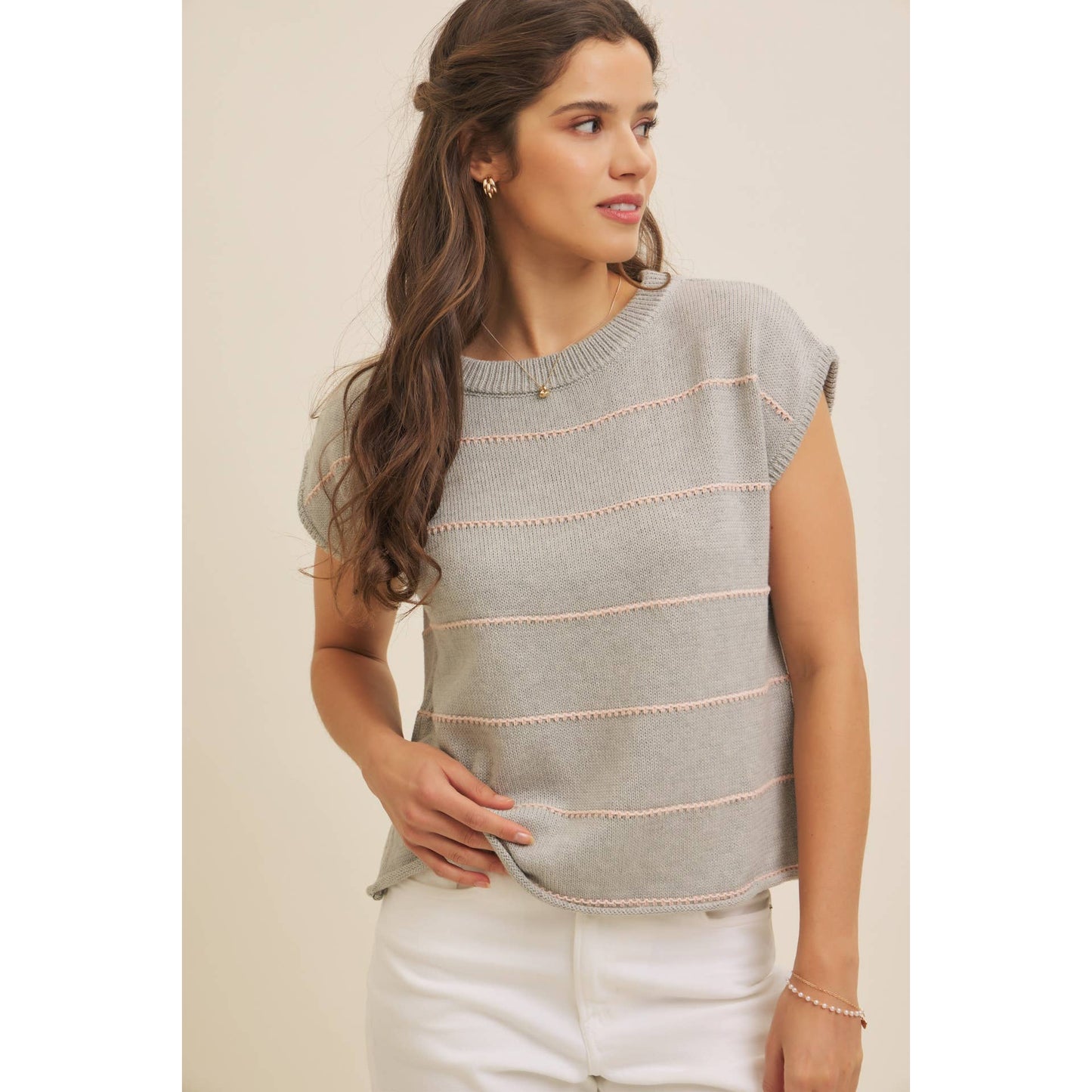 STITCH DETAILED STRIPE SWEATER TOP