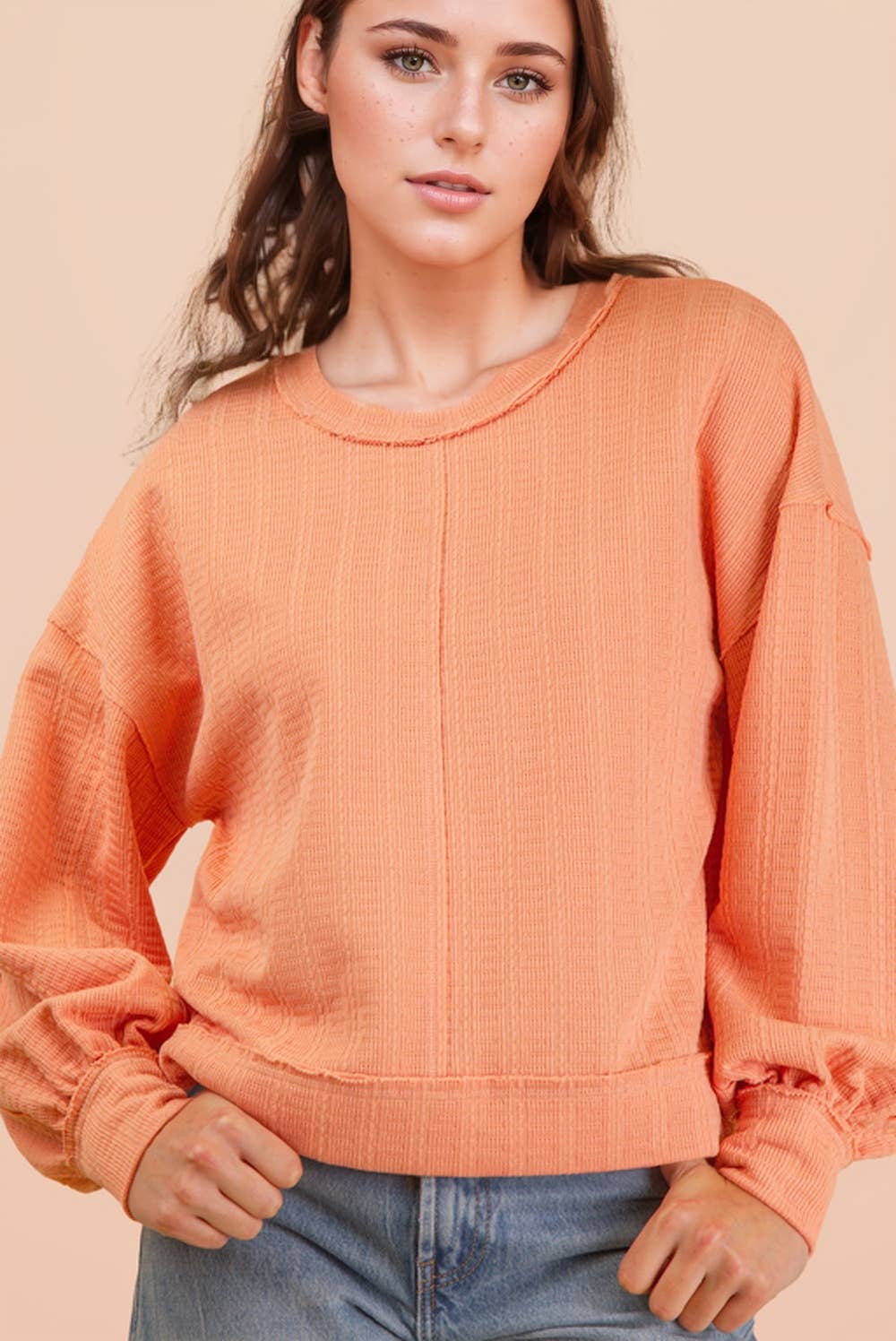 VERY J - NT12413-Raw Edge Detail Oversized Textured Knit Top