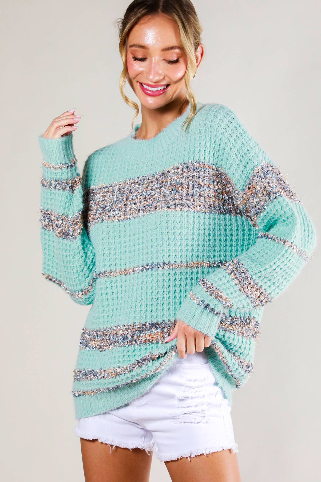 Tweed Color Block Round Neck Casual Knitted Sweater VT51540