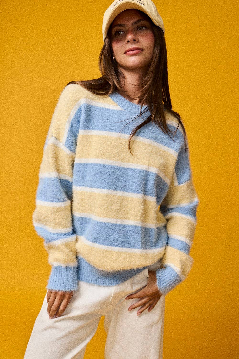 PT19021 - Loose Fit Striped Fuzzy Knit Sweater Top