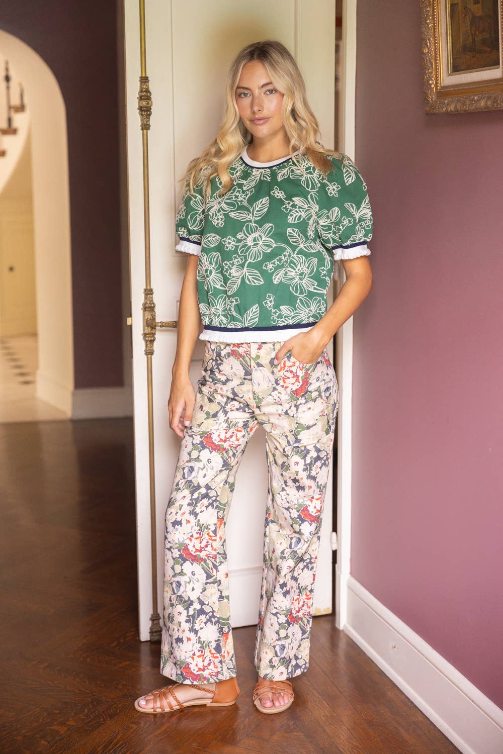 VOY - 36770 Striped Rib Band Detail Floral Embroidered Top